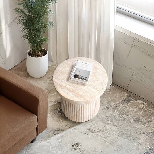 Empire Art Direct 17" Fluted Travertine Stone Finish MGO Side Accent Table